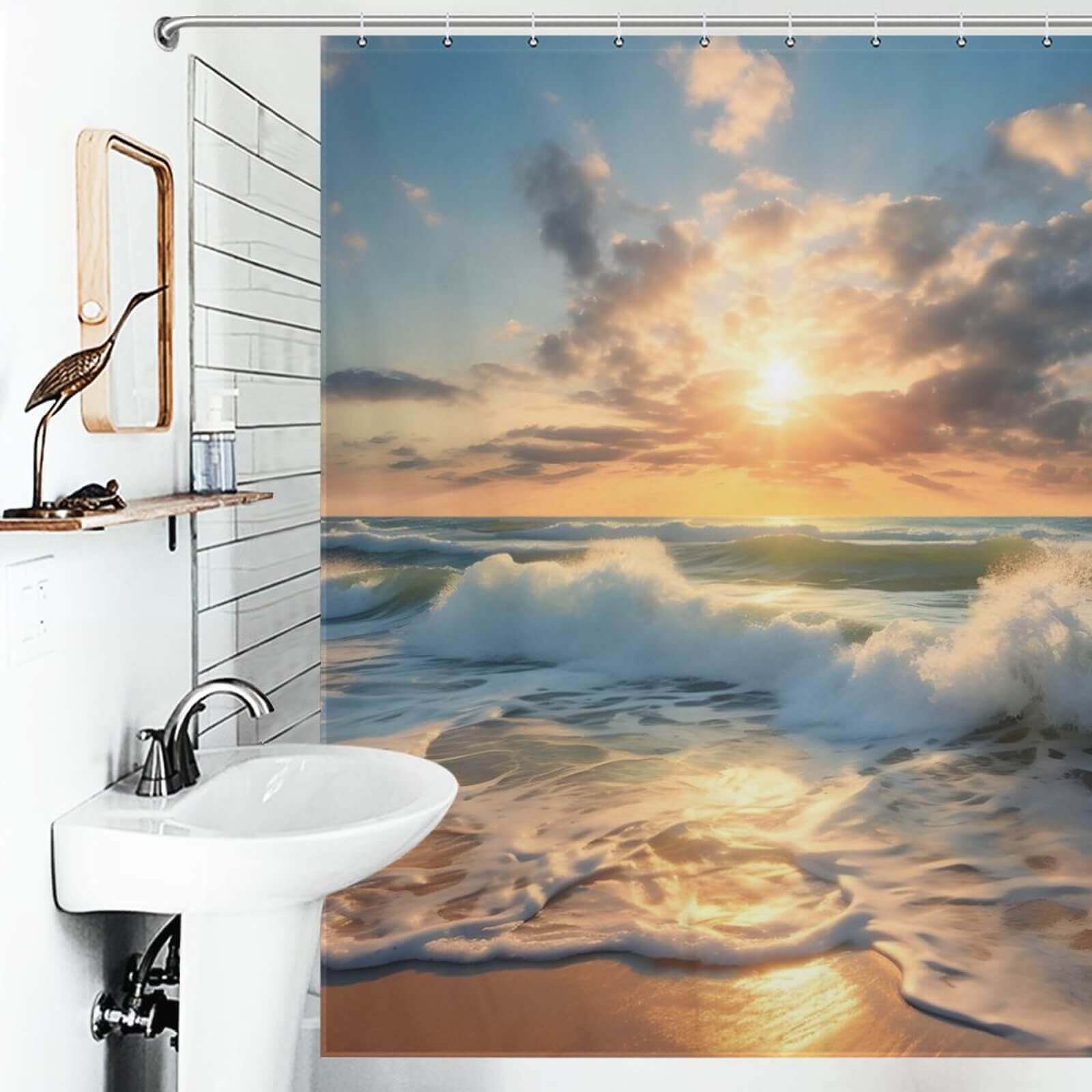 A waterproof bathroom with a Cotton Cat Beach Sunrise 3D Shower Curtain.