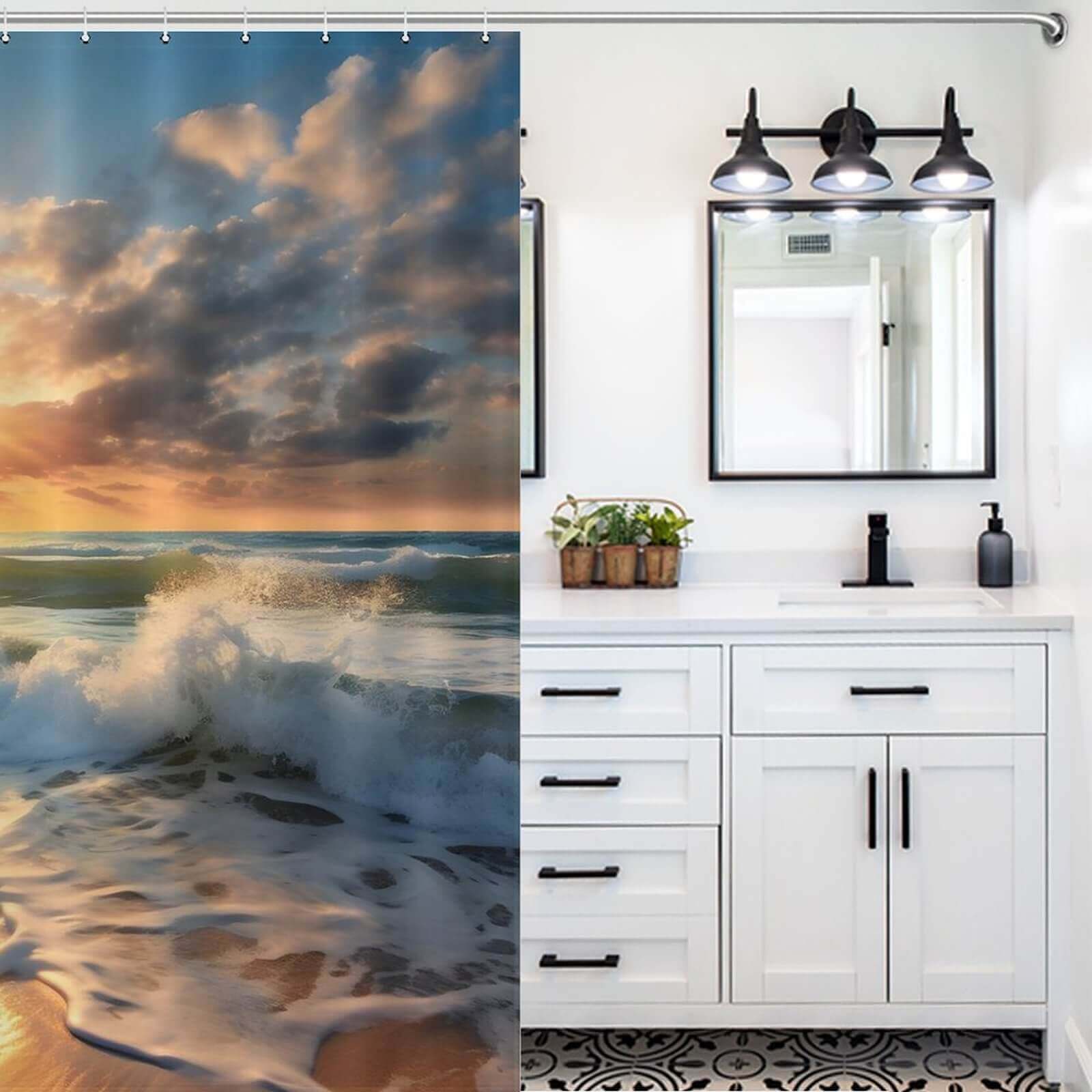 A waterproof Beach Sunrise 3D Shower Curtain-Cottoncat featuring a beach sunrise scene.