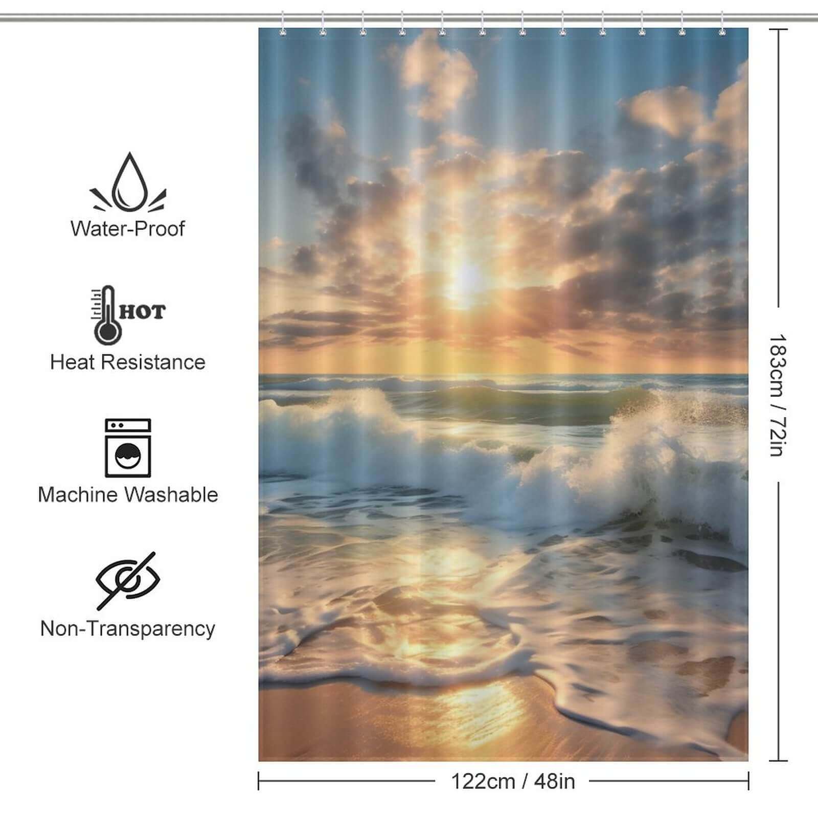 A Cotton Cat Beach Sunrise 3D Shower Curtain featuring an image of a beach sunrise with ocean waves.