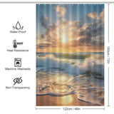 A Cotton Cat Beach Sunrise 3D Shower Curtain featuring an image of a beach sunrise with ocean waves.