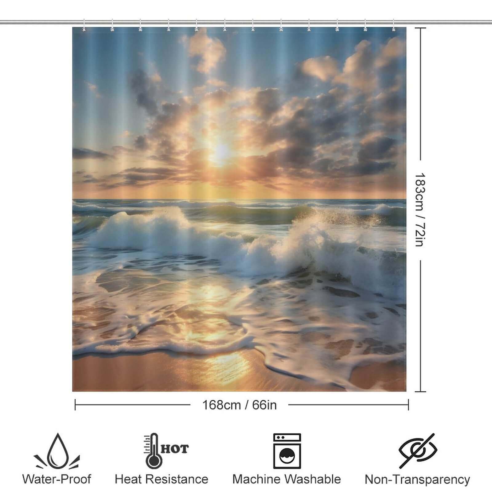 A Beach Sunrise 3D Shower Curtain by Cotton Cat, featuring a stunning beach sunrise with waves.