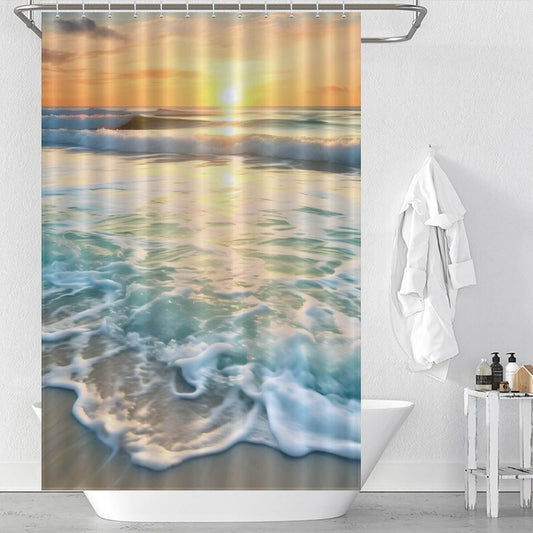 A Beach 3D Shower Curtain-Cottoncat with a 3D beach sunset by Cotton Cat.