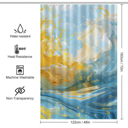 Abstract Yellow and Blue Wave Ocean Watercolor Shower Curtain-Cottoncat by Cotton Cat with an abstract yellow and blue wave design. It’s water-resistant, heat-resistant, non-transparent, and machine washable. Dimensions are 183 cm x 122 cm.