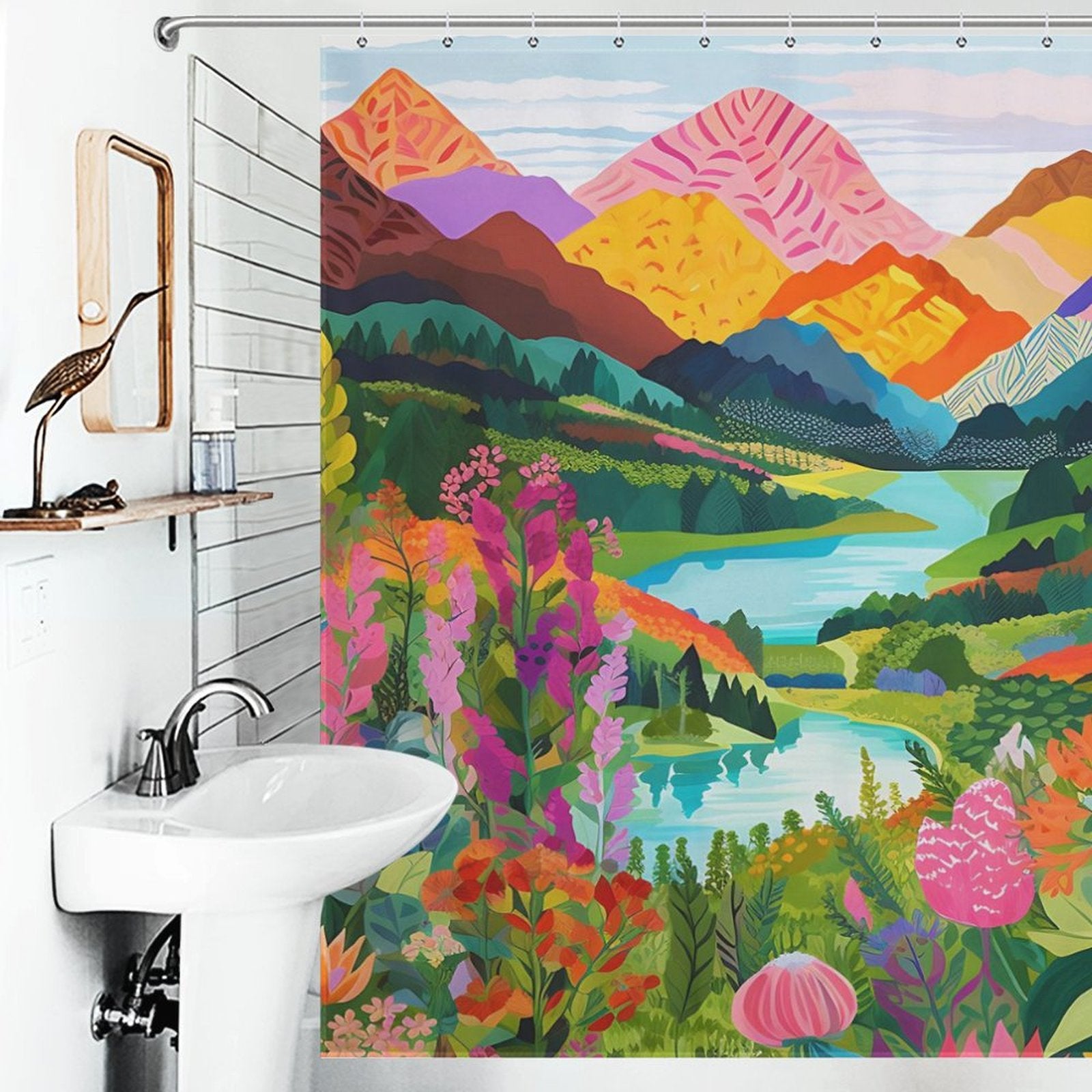 A **Cotton Cat Nature Forest Lake Watercolor Art Painting Landscape Colorful Green Mountain Abstract Shower Curtain-Cottoncat** hangs in a white bathroom with a sink and soap dispenser.