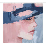 An abstract aesthetic oil painting depicts a Mid Century woman's face in profile, wearing a navy blue hat. The artwork features broad, textured brushstrokes in blush pink, navy blue, and cream. The product is the **Mid Century Women Face Abstract Aesthetic Oil Painting Modern Art Blush Pink Navy Blue Cream Shower Curtain-Cottoncat** by **Cotton Cat**.
