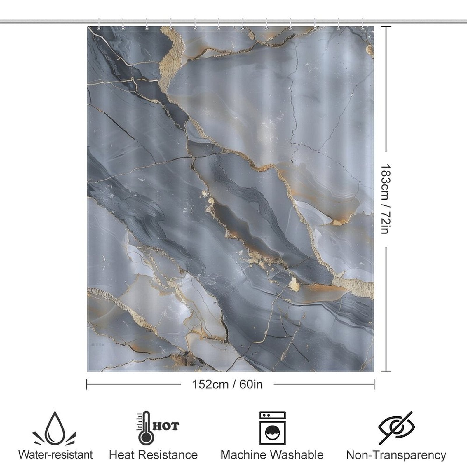 A Cotton Cat Gray Gold Stripe Abstract Marble Texture Art Shower Curtain featuring luxurious gold marble patterns and an abstract marble texture. It measures 183 cm (72 in) in height and 152 cm (60 in) in width. The curtain is water-resistant, heat-resistant, machine washable, and non-transparent.