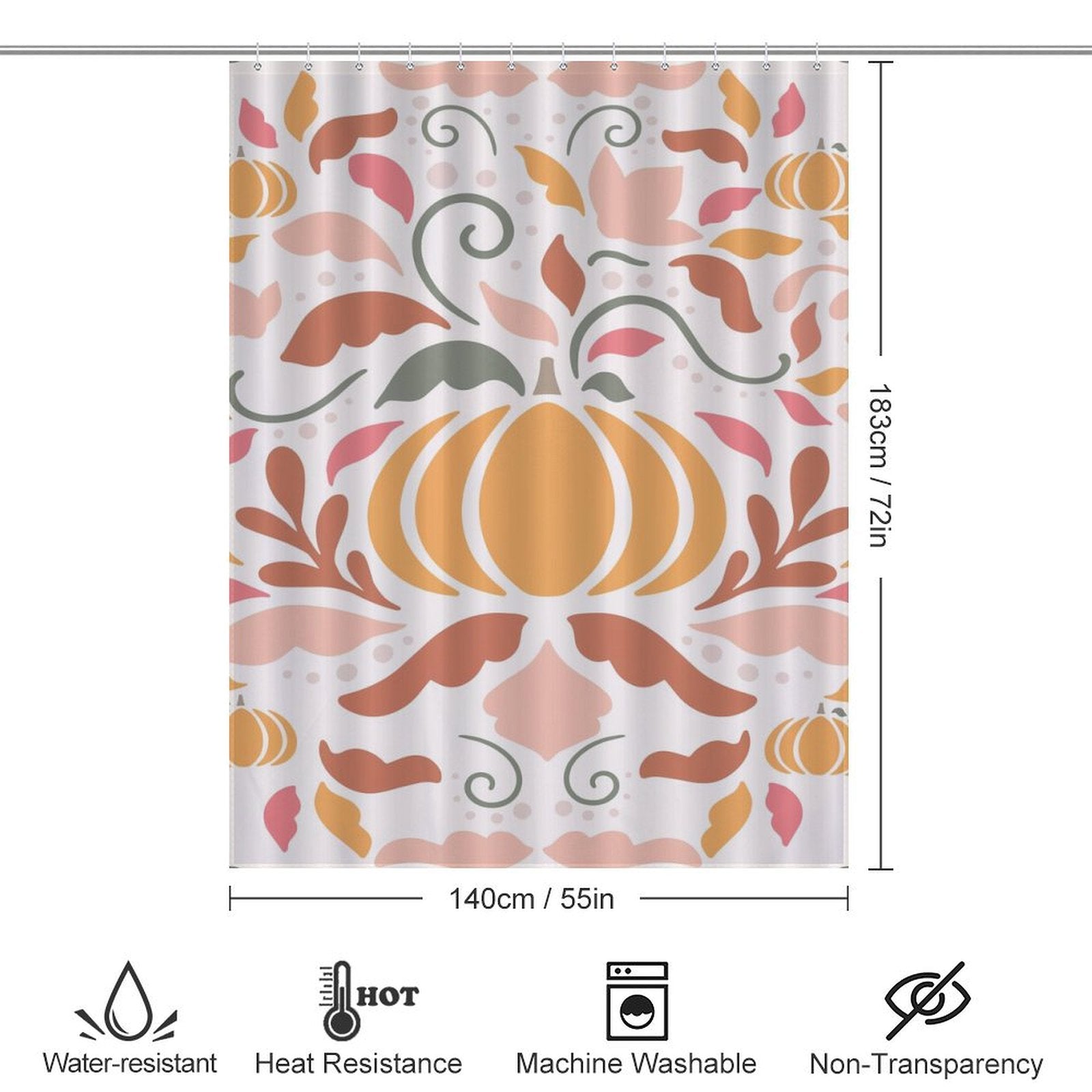 A **Boho Fall Pumpkins Pink Floral Shower Curtain-Cottoncat** with a Boho Fall Pumpkins design, measuring 140cm x 183cm. The curtain is water-resistant, heat-resistant, machine washable, and non-transparent. This product is by **Cotton Cat**.