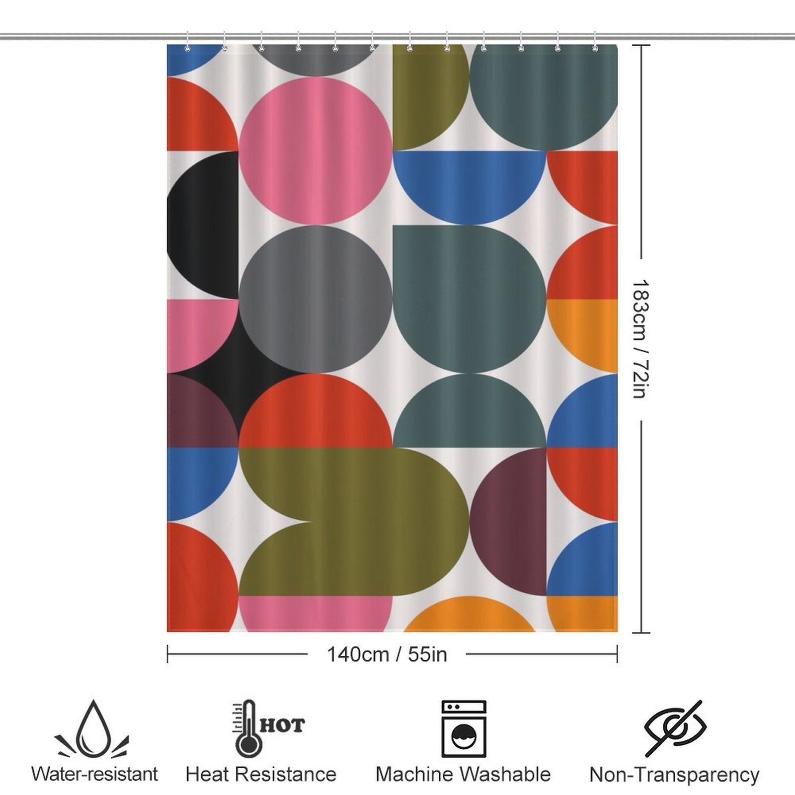 Abstract Modern Art Rainbow Polka Dot Geometric Shower Curtain-Cottoncat with a circular abstract pattern, shown with dimensions of 140cm by 183cm. Symbols at the bottom indicate water resistance, heat resistance, machine washability, and non-transparency.