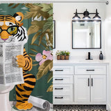 A bathroom with a black and white color scheme features a unique Funny Cool Tiger Reading Shower Curtain-Cottoncat by Cotton Cat, depicting a funny cool tiger reading a newspaper while sitting on a toilet, adding an amusing touch to the bathroom decor.