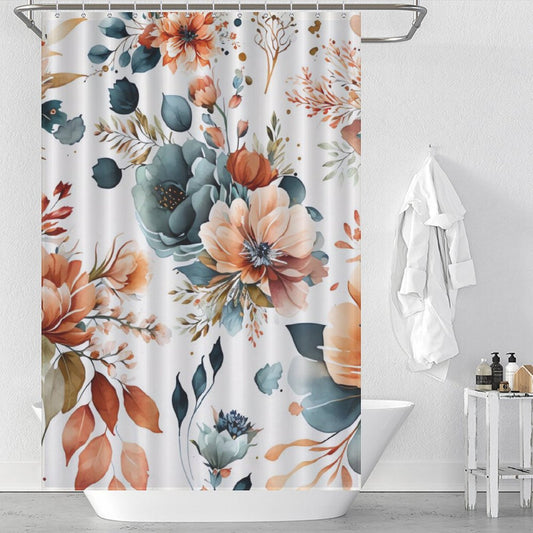 A bathroom with a Cotton Cat Boho Watercolor Flower Shower Curtain-Cottoncat displaying orange, blue, and green flowers, a white bathtub, a white robe hanging on a hook, and a shelf with various toiletries.