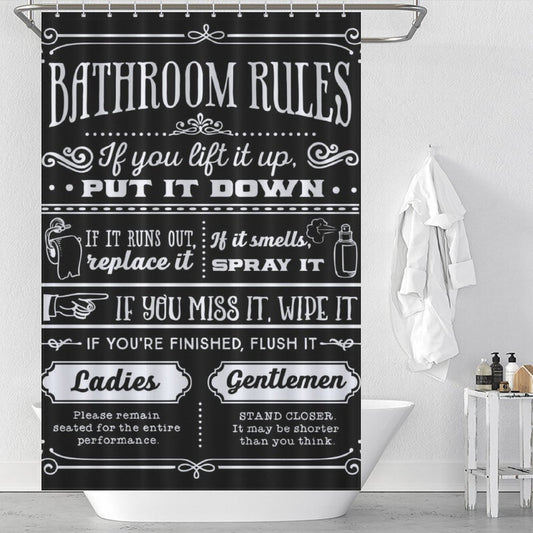 Bathroom with a waterproof and mildew-resistant, black and white Cotton Cat Funny Quotes Shower Curtain Back and White Fable Motto featuring humorous bathroom rules in decorative text, next to a white towel hanging on a rack above a white bathtub. Various toiletries on the bathtub edge.