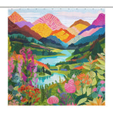 A vibrant **Nature Forest Lake Watercolor Art Painting Landscape Colorful Green Mountain Abstact Shower Curtain-Cottoncat** by **Cotton Cat** depicts a lush forest with vibrant plants and flowers in the foreground, a river flowing through the center, and multicolored mountains in the background.