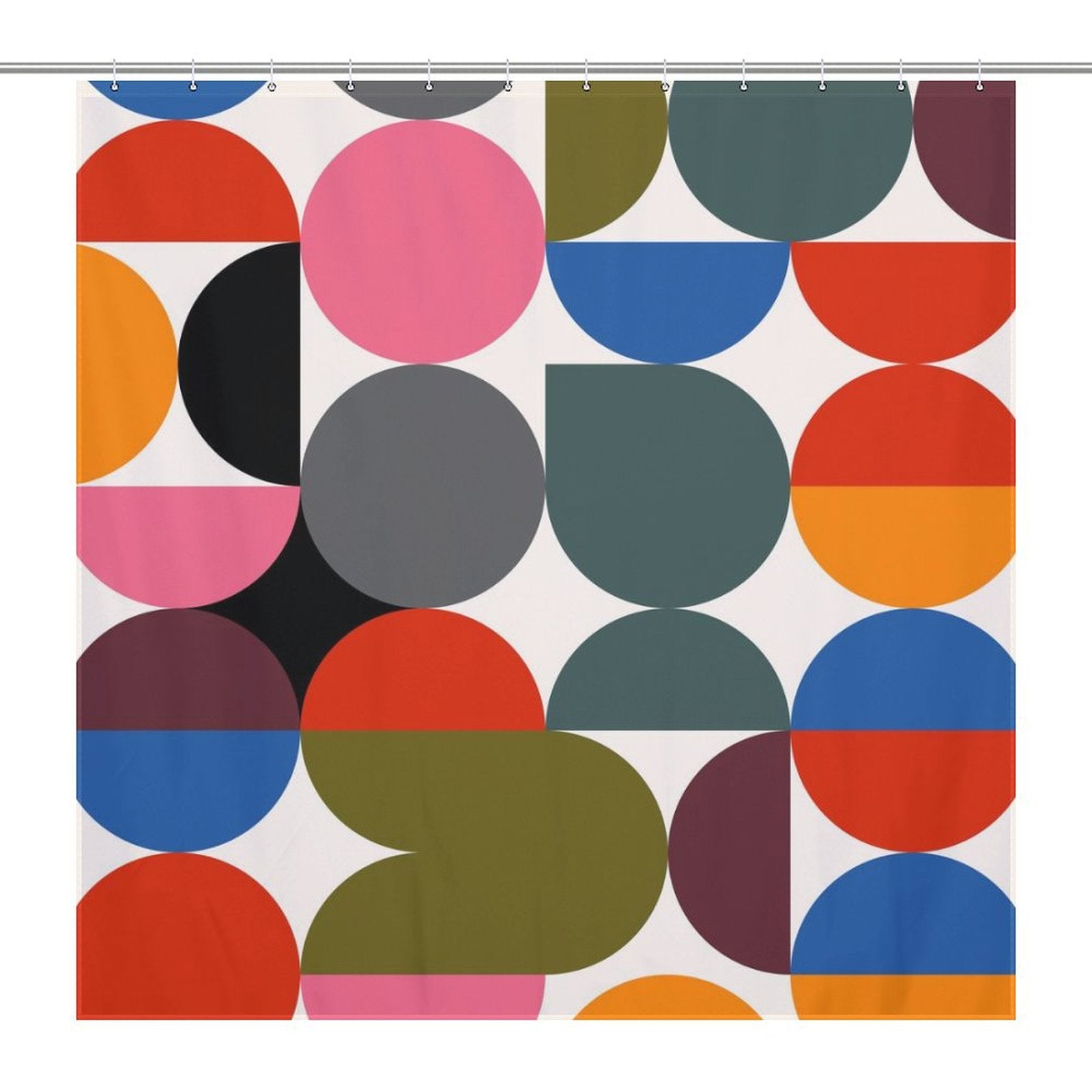 Abstract Modern Art Rainbow Polka Dot Geometric Shower Curtain-Cottoncat by Cotton Cat featuring a colorful abstract modern art pattern of circles and semi-circles in red, pink, blue, green, orange, black, and white.