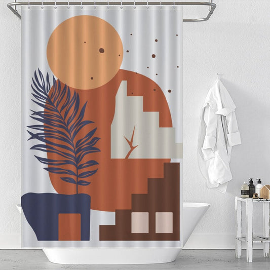 A bathroom with a Cotton Cat Boho Abstract Geometric Modern Art Leaves Sun Arch Minimalist Simple Mid Century Shower Curtain-Cottoncat featuring shapes in orange, blue, and white. White towels hang on a hook, and toiletries are placed near the sink.