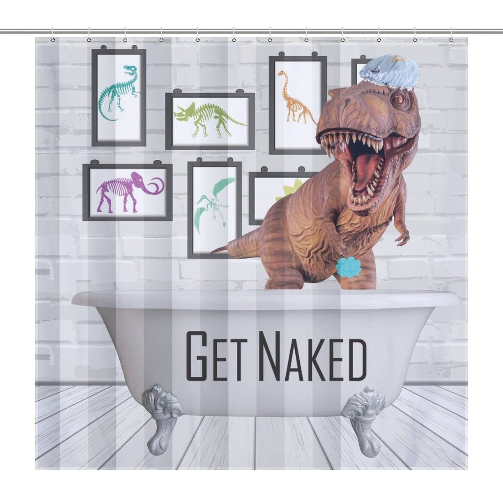 This Funny Dinosaur Get Naked Shower Curtain-Cottoncat features a playful design of a cartoon dinosaur in a bathtub, wearing a shower cap. With the humorous text "Get Naked" and framed dinosaur pictures in the background, it's perfect for adding a touch of whimsy to your Dinosaur Bathroom Decor by Cotton Cat.