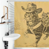 A whimsical bathroom decor piece: the Funny Cool Mouse Riding Cat Shower Curtain Shower Curtain-Cottoncat by Cotton Cat showcases a cat in a cowboy hat and saddle, carrying a mouse also dressed as a cowboy. This unique shower curtain is both waterproof and mildew-resistant.