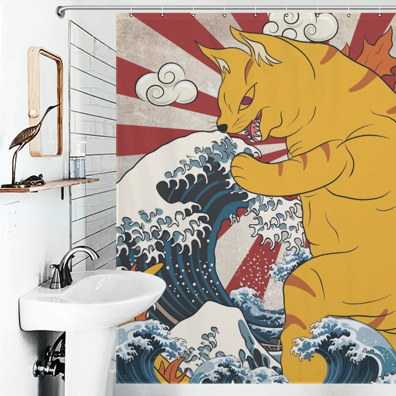 Shower curtain with a design featuring a large yellow cat wielding its claws over a stylized ocean wave, reminiscent of Japanese art. The background includes red and white rays and clouds. Perfect for cat bathroom decor, this **Funny Wave Monster Cat Shower Curtain-Cottoncat** by **Cotton Cat** is truly unique.