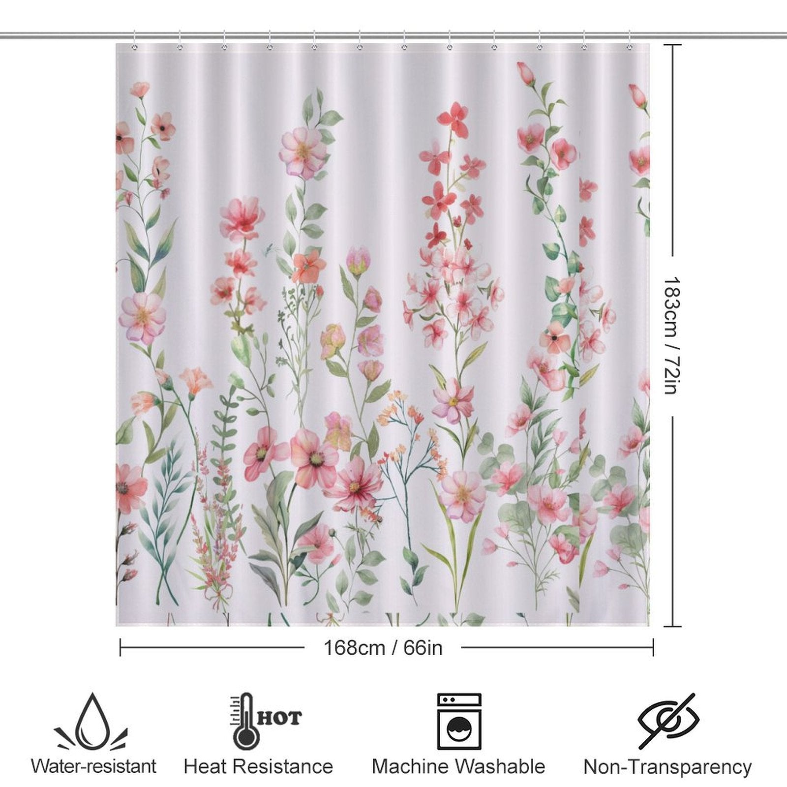 Introducing our Cotton Cat Rustic Spring Blossom Pink Floral Shower Curtain-Cottoncat, adorned with a beautiful Pink Floral print, inspired by a Rustic Spring Blossom. Measuring 183 cm in height and 168 cm in width, it is water-resistant, heat resistant, machine washable, and non-transparent—perfect for a farmhouse-themed bathroom.