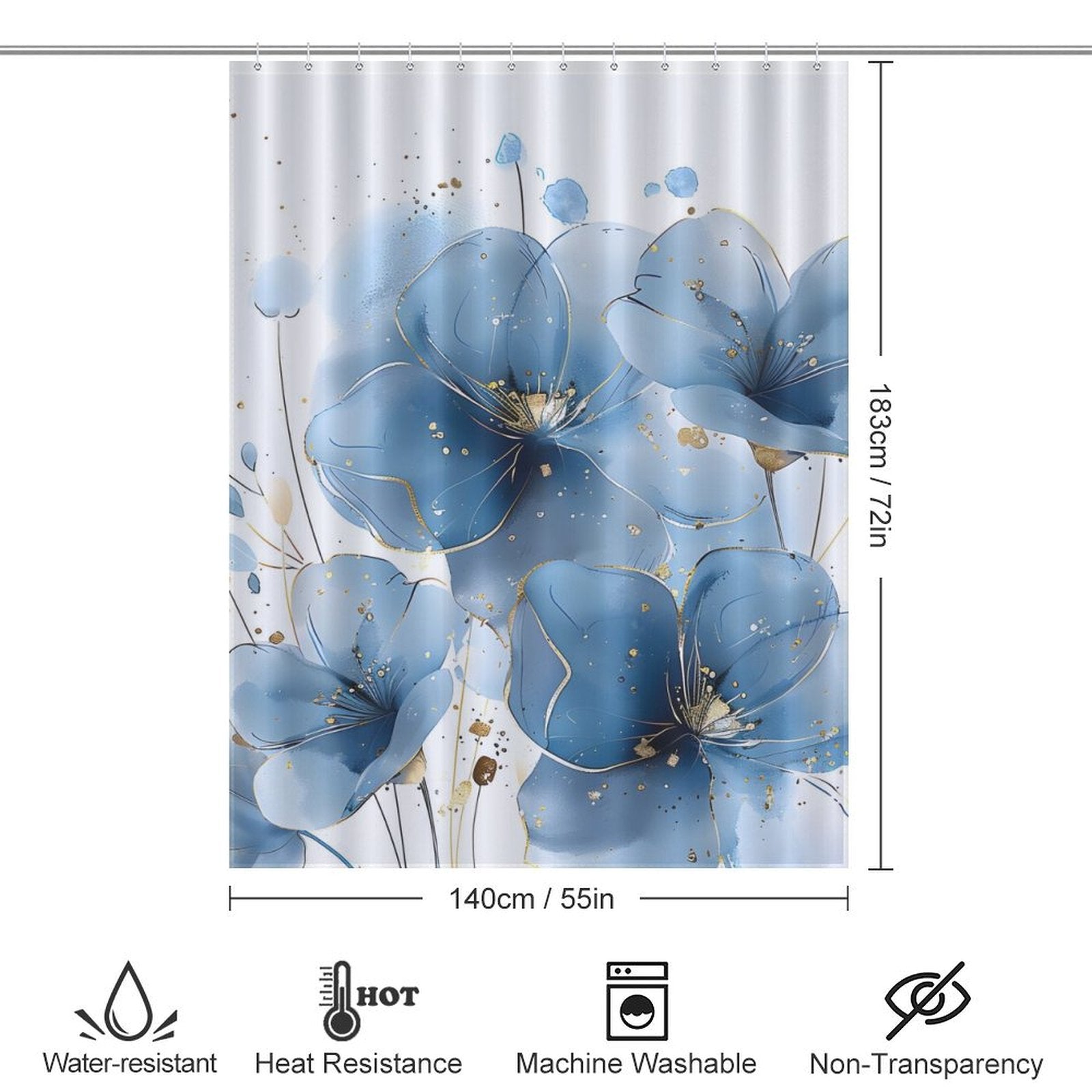 Cotton Cat Abstract Modern Art Blue Flower Minimalist Watercolor Blue Floral Shower Curtain-Cottoncat with a minimalist watercolor blue floral design, dimensions 183 cm by 140 cm. Features include water-resistance, heat resistance, machine washability, and non-transparency.