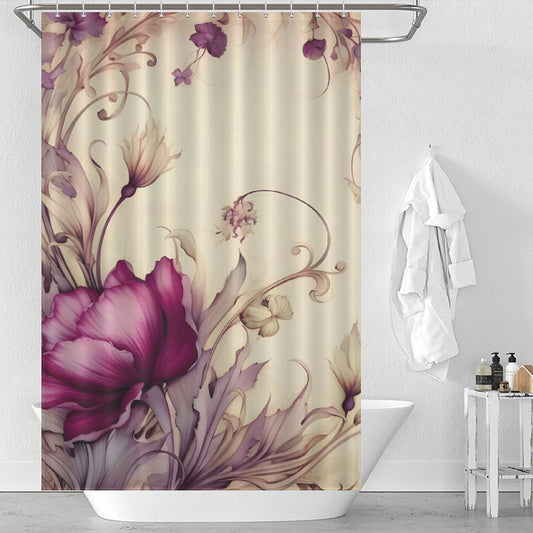 A vintage-themed bathroom features a **Retro Bohemian Purple Flower Shower Curtain-Cottoncat** by **Cotton Cat**. A white robe hangs next to the bathtub, and toiletry bottles are neatly placed on its edge.