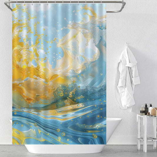 A bathroom featuring a white bathtub with an Abstract Yellow and Blue Wave Ocean Watercolor Shower Curtain-Cottoncat. A white robe hangs on a nearby hook, and two bottles are placed on a corner ledge.