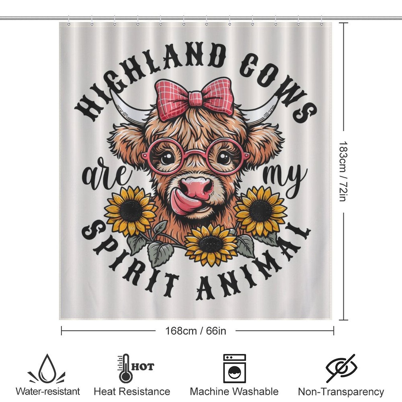 A whimsical shower curtain featuring a cartoon highland cow wearing glasses and a bow, surrounded by sunflowers, with the text "Highland cows are my spirit animal." Perfect for nature-inspired bathroom decor, product dimensions and features are shown below. Product Name: Cute Sunflower Glasses Highland Cow Shower Curtain-Cottoncat. Brand Name: Cotton Cat.