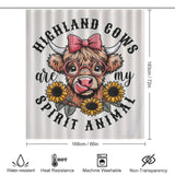A whimsical shower curtain featuring a cartoon highland cow wearing glasses and a bow, surrounded by sunflowers, with the text "Highland cows are my spirit animal." Perfect for nature-inspired bathroom decor, product dimensions and features are shown below. Product Name: Cute Sunflower Glasses Highland Cow Shower Curtain-Cottoncat. Brand Name: Cotton Cat.