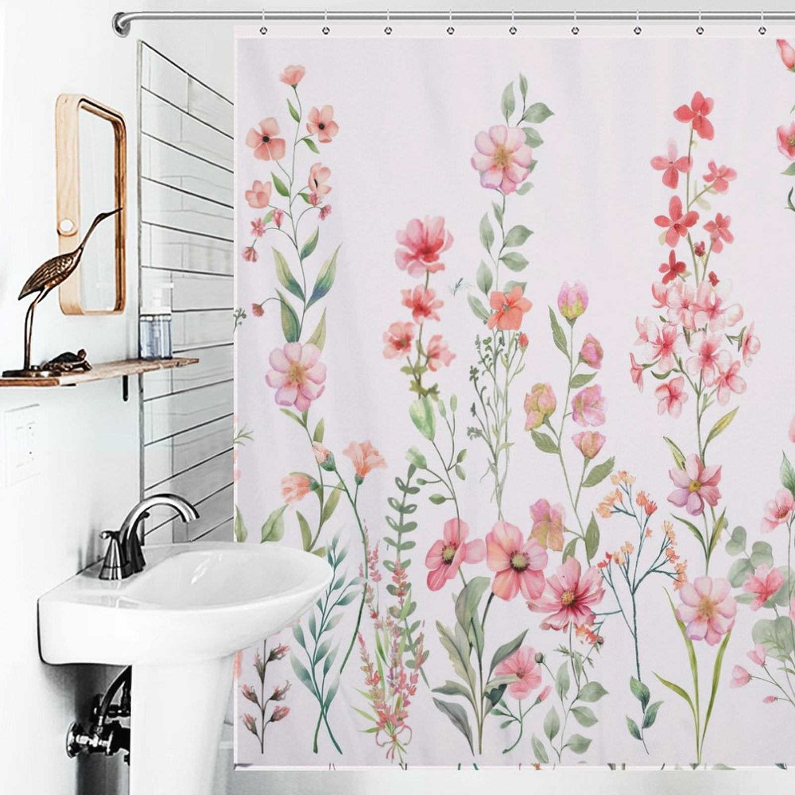 A nature-inspired bathroom decor featuring a white sink, a mirror with a wooden frame, and a Cotton Cat Rustic Spring Blossom Pink Floral Shower Curtain-Cottoncat showcasing various pink and green flowers on a white background.