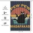 A humorous bathroom decor piece, the Funny Black Crazy Cat with Gun Shower Curtain-Cottoncat by Cotton Cat features a funny black crazy cat holding two guns with the text "PEW PEW MADAFKAS!" amidst a sunset and forest background. The curtain's dimensions and features are neatly listed on the sides.