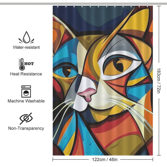 Introducing the **Abstract Geometric Vintage Colorful Modern Art Minimalist Mid Century Cat Shower Curtain-Cottoncat** by **Cotton Cat**, perfect for mid-century bathroom decor. Dimensions are 183 cm x 122 cm (72 in x 48 in). Features include water resistance, heat resistance, machine washable fabric, and non-transparency.