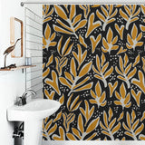 A bathroom with a white sink and a decorative brown bird figure on a shelf. The shower curtain features an **Abstract Vintage Boho Yellow Leaves Art Mid Century Leaf Shower Curtain-Cottoncat by Cotton Cat** in yellow and white on a dark background.