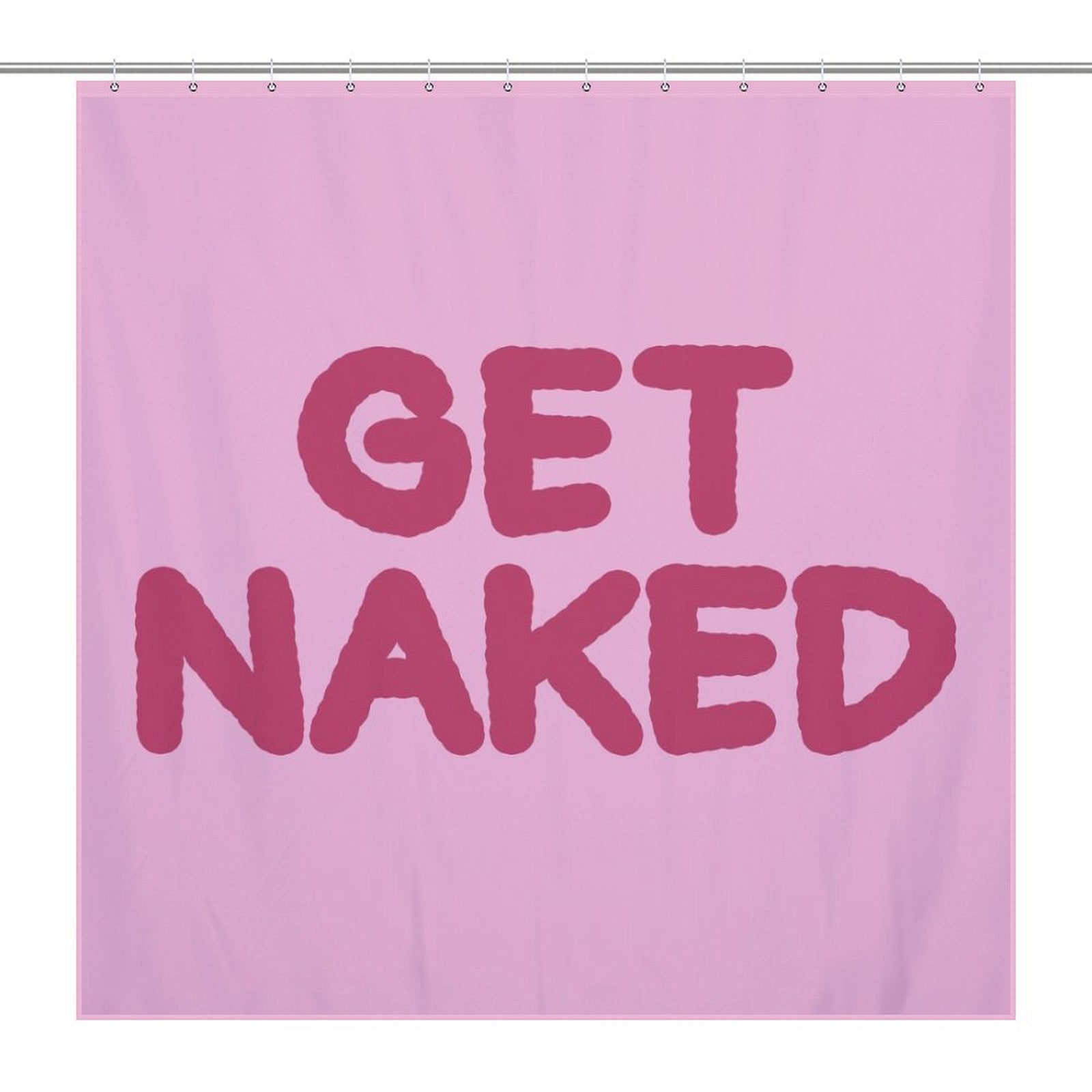 A Simple Funny Letters Pink Get Naked Shower Curtain-Cottoncat from Cotton Cat made from waterproof fabric with the words "GET NAKED" written in large, bold, red letters adds a touch of cheeky fun to your bathroom decor.