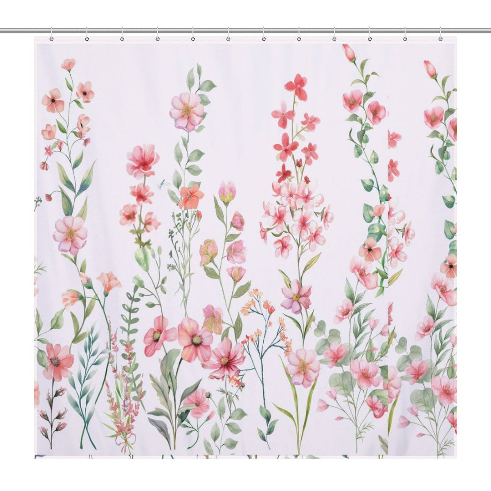 A Rustic Spring Blossom Pink Floral Shower Curtain-Cottoncat with a rustic floral design, featuring various pink and green blooms against a white background, made by Cotton Cat.