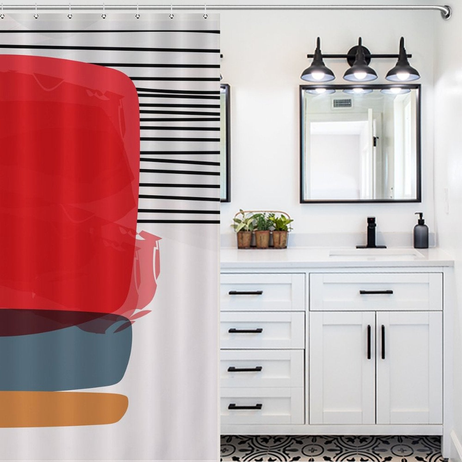 Bathroom with a white vanity, two mirrors, and a black and white patterned floor. The shower curtain features the Modern Geometric Art Minimalist Simple Red Blue Orange Abstract Shower Curtain-Cottoncat by Cotton Cat, adding a touch of modern geometric art to the decor.