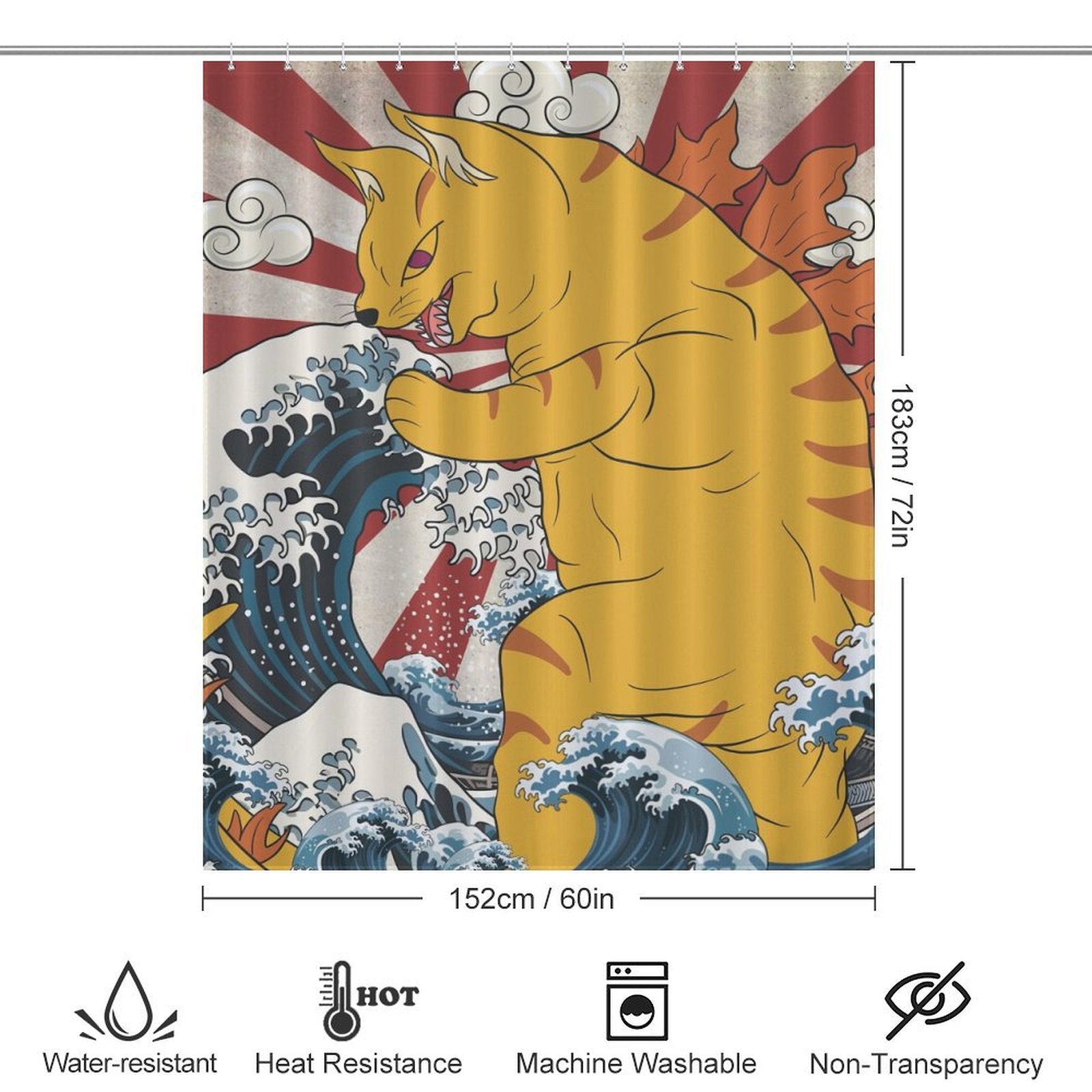 A whimsical bathroom decor piece, the Funny Wave Monster Cat Shower Curtain-Cottoncat by Cotton Cat showcases a striped feline with a fiery tail amid waves and a sunburst background. Icons indicate the curtain is waterproof and mildew-resistant, as well as machine washable.
