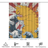 A whimsical bathroom decor piece, the Funny Wave Monster Cat Shower Curtain-Cottoncat by Cotton Cat showcases a striped feline with a fiery tail amid waves and a sunburst background. Icons indicate the curtain is waterproof and mildew-resistant, as well as machine washable.