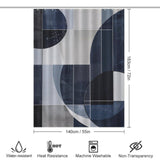 Cotton Cat Geometric Deep Blue Abstract Art Mid-Century Modern Style Shower Curtain-Cottoncat. Dimensions are 183cm x 140cm. Text indicates it is water-resistant, heat resistant, machine washable, and non-transparent. Perfect for a touch of mid-century modern style in your bathroom.
