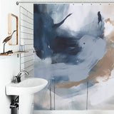 A bathroom featuring a white sink, a mirror with a bird figurine on a shelf, and a Modern Wall Art Oil Painting Navy Blue Abstract Shower Curtain-Cottoncat by Cotton Cat.