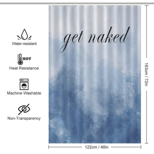 A Funny Letters Abstract Blue Get Naked Shower Curtain-Cottoncat measuring 183 cm by 122 cm features the words "get naked" in funny letters. It is water-resistant, heat resistant, machine washable, and non-transparent.