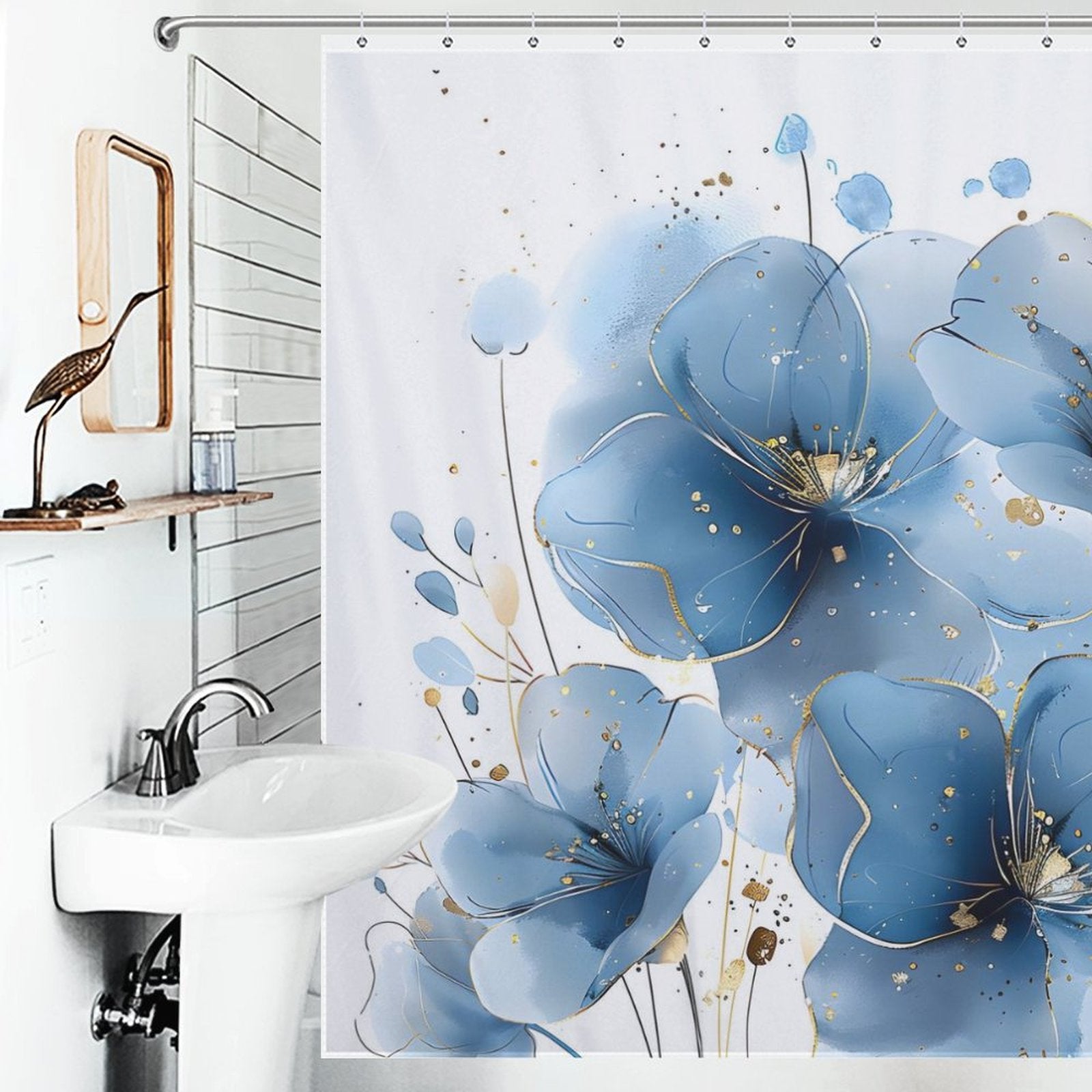 Bathroom with a white sink and mirror, featuring an Abstract Modern Art Blue Flower Minimalist Watercolor Blue Floral Shower Curtain-Cottoncat by Cotton Cat decorated with large blue flowers and abstract modern art gold accents.