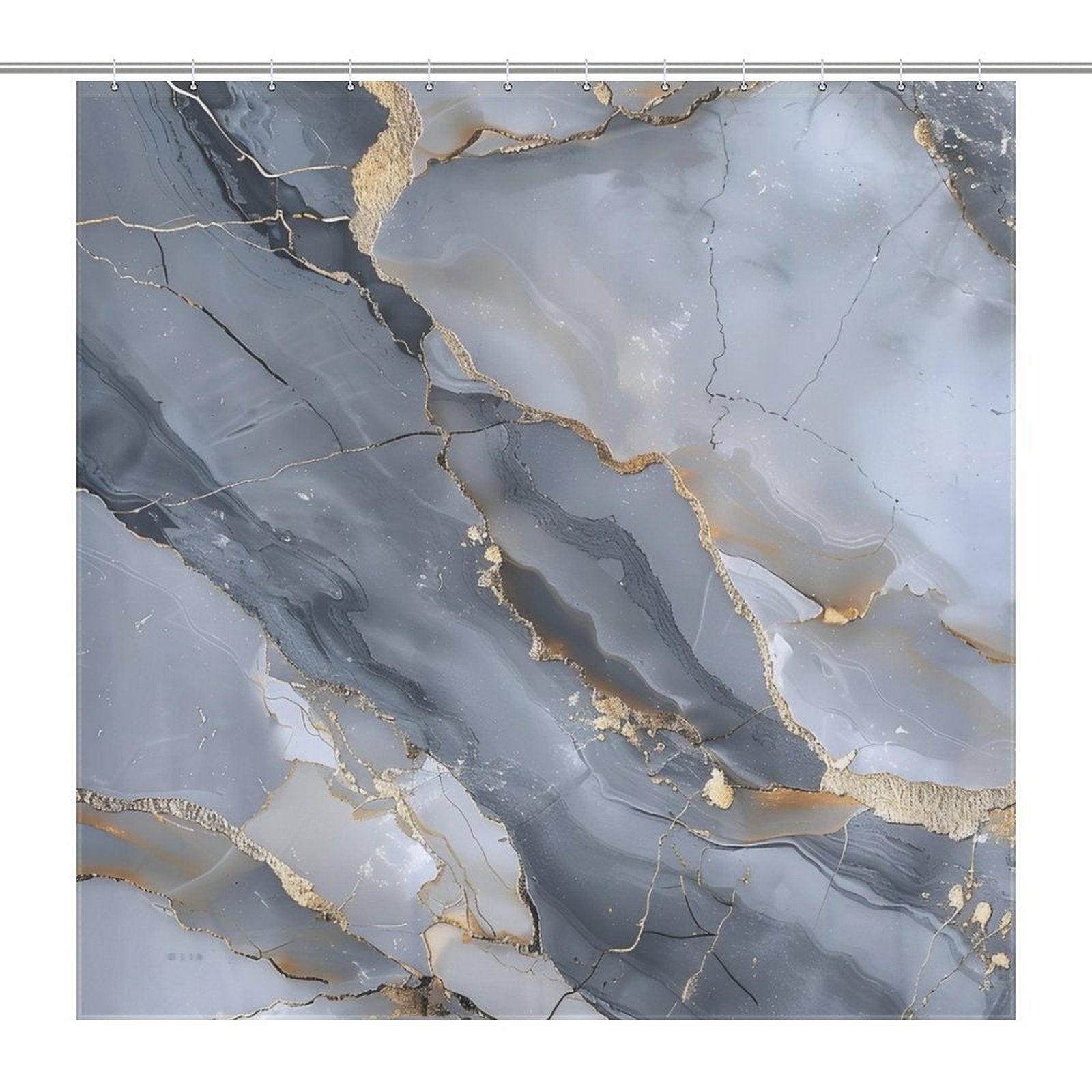 A Gray Gold Stripe Abstract Marble Texture Art Shower Curtain-Cottoncat by Cotton Cat features a gray and gold marble pattern with abstract veining and textures, hanging from a metal rod.
