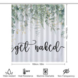 Get Naked Funny Letters Eucalyptus Leaves Print Shower Curtain-Cottoncat featuring a white backdrop with a eucalyptus leaves print at the top and "get naked" spelled out in funny letters in black cursive. Icons indicate it is water-resistant, heat-resistant, machine washable, and non-transparent.