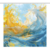 Abstract art featuring a vibrant blend of yellow and blue swirls, resembling splashes of paint or liquid waves in motion, set against a light blue background. Perfect as the Abstract Yellow and Blue Wave Ocean Watercolor Shower Curtain-Cottoncat by Cotton Cat, it adds an artistic touch to bathroom decor with its abstract yellow and blue wave design.
