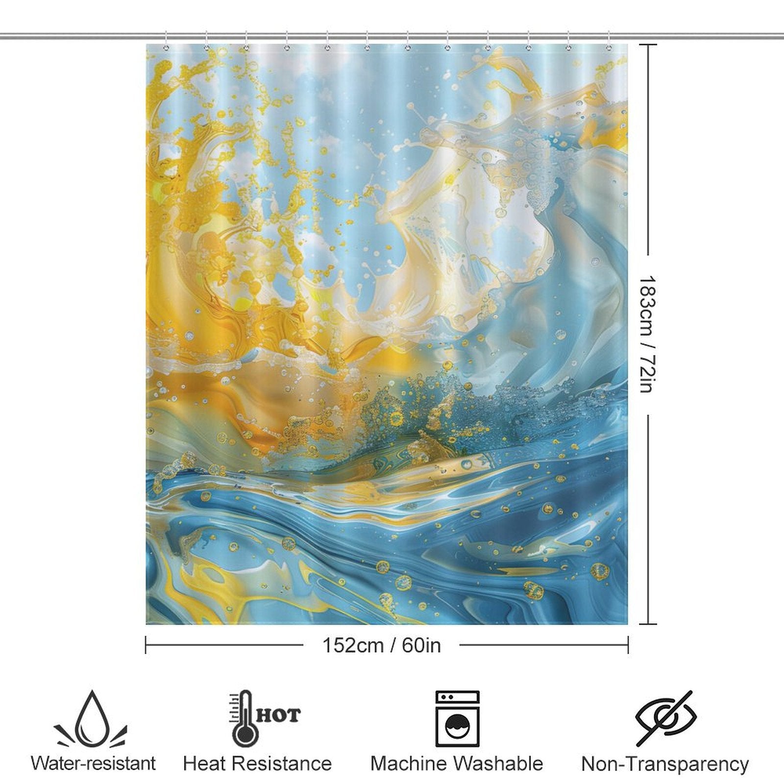 This watercolor bathroom decor features the Abstract Yellow and Blue Wave Ocean Watercolor Shower Curtain-Cottoncat by Cotton Cat, measuring 183 cm by 152 cm. It is water-resistant, heat-resistant, machine washable, and non-transparent.