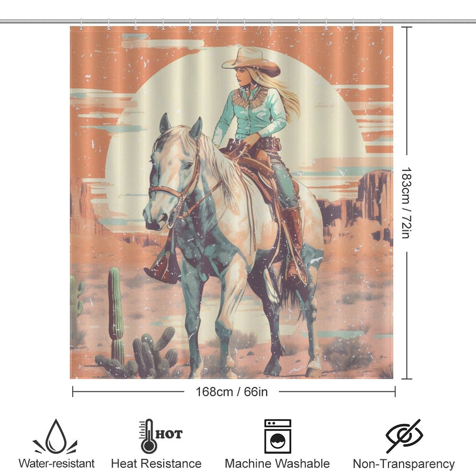 A Western-themed bathroom shower curtain featuring an illustration of a person on a horse in a desert landscape. Icons below describe features: water-resistant, heat resistance, machine washable, non-transparency. Dimensions: 183 cm x 168 cm.

Product Name: Rustic Sunrise Western Cowgirl Shower Curtain-Cottoncat
Brand Name: Cotton Cat