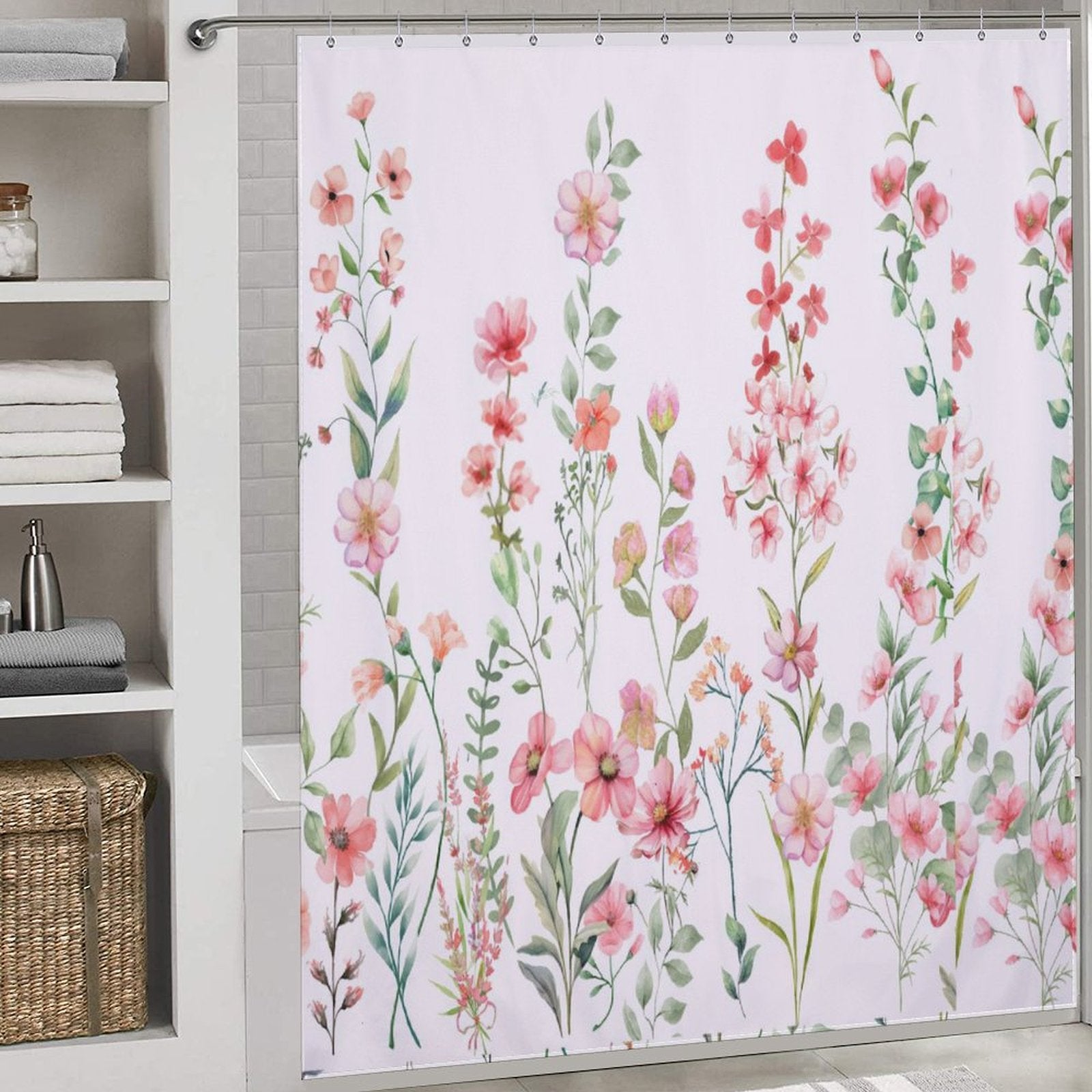 A Cotton Cat Rustic Spring Blossom Pink Floral Shower Curtain-Cottoncat with a rustic spring blossom design hangs near bathroom shelves holding towels and a basket, enhancing the farmhouse-themed bathroom.