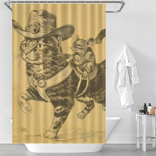 This **Cotton Cat Funny Cool Mouse Riding Cat Shower Curtain** features a sepia-tone illustration of a cat wearing a cowboy hat and saddle, carrying a mouse also in a hat, set against a playful bathroom backdrop. Perfect for those who appreciate a funny shower curtain with an adorable cat and mouse design.