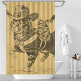 This **Cotton Cat Funny Cool Mouse Riding Cat Shower Curtain** features a sepia-tone illustration of a cat wearing a cowboy hat and saddle, carrying a mouse also in a hat, set against a playful bathroom backdrop. Perfect for those who appreciate a funny shower curtain with an adorable cat and mouse design.