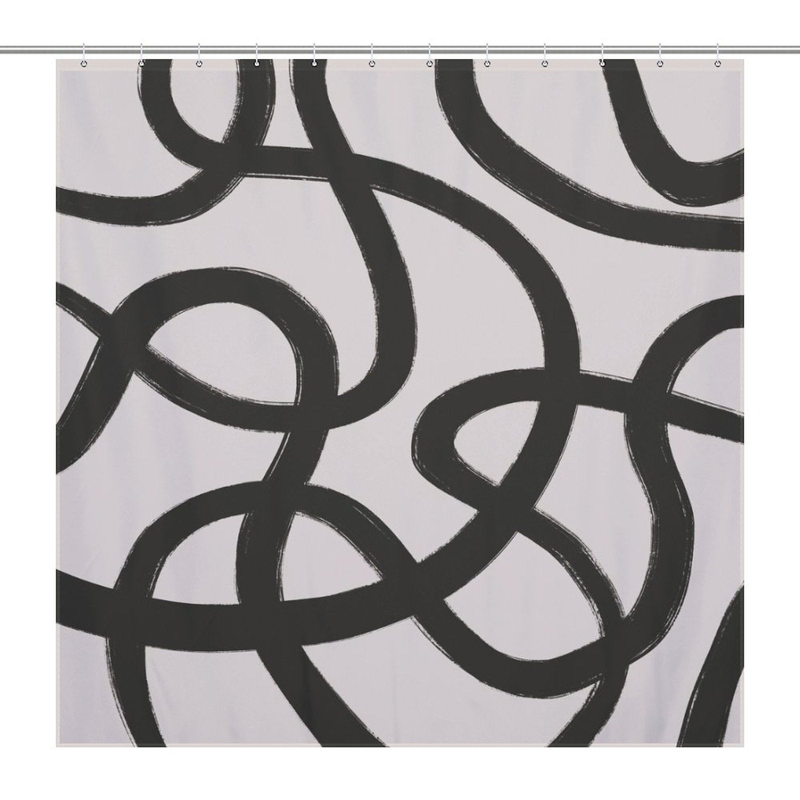 A Modern Geometric Art Minimalist Curve Black Line Black and Grey Abstract Shower Curtain-Cottoncat by Cotton Cat featuring a design of minimalist black curve lines gracefully forming bold, abstract loops on a white background.
