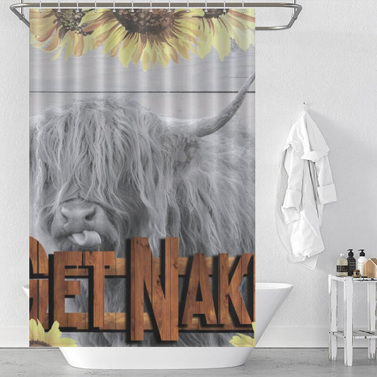 Cotton Cat's Highland Cow Sunflowers Get Naked Shower Curtain-Cottoncat featuring a highland cow design, sunflowers at the top, and "GET NAKED" in large wooden letters. White towels and toiletries are visible in the background, completing the rustic look.